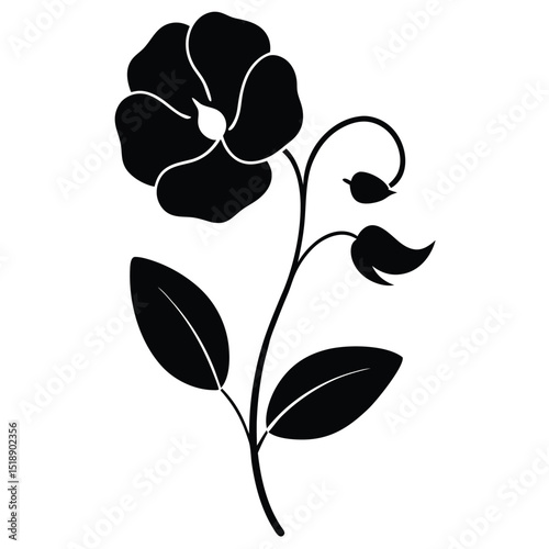 Elegant black silhouette flower stem with leaves and buds