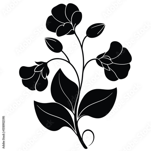 Elegant black silhouette sweet pea flower branch design