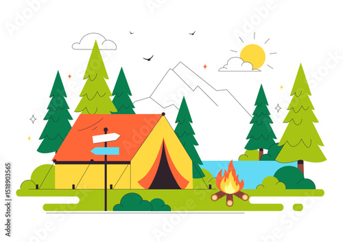 Happy Summer Camping Vector Illustration Featuring a Mountain or Forest Setting for Expedition, Travel, Exploration, and Outdoor Recreation Background