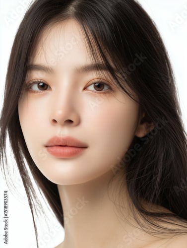 Close-up portrait of beautiful Asian girl with natural makeup and glowing skin