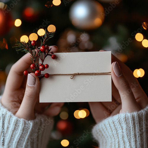 Blank Christmas Card Held in Hands, Festive Decor. ai generated