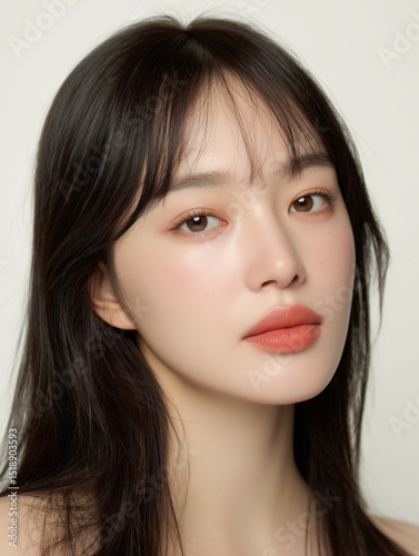 Close-up portrait of beautiful Asian girl with natural makeup and glowing skin