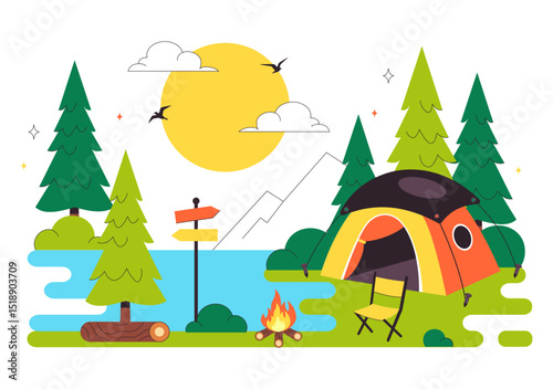 Happy Summer Camping Vector Illustration Featuring a Mountain or Forest Setting for Expedition, Travel, Exploration, and Outdoor Recreation Background