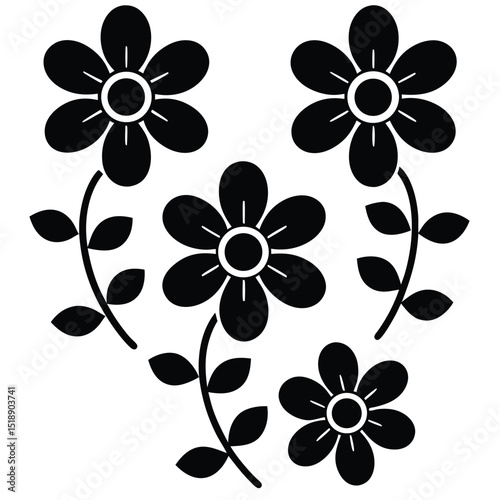 Simple black floral design four flowers stems leaves