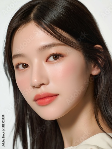 Close-up portrait of beautiful Asian girl with natural makeup and glowing skin