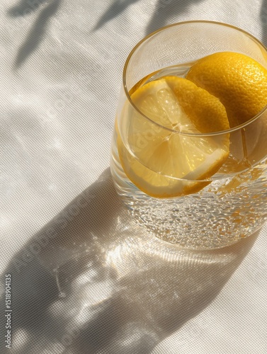 Lemon water glass with ice cubes on white textured surface in warm natural sunlight geometric shadow patterns for healthy lifestyle wellness spa concept.