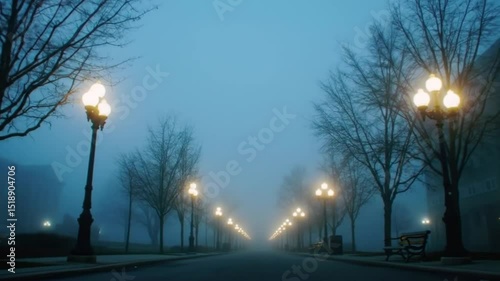 Eerie Foggy Street at Twilight Lined with Glowing Lampposts and Bare Trees
