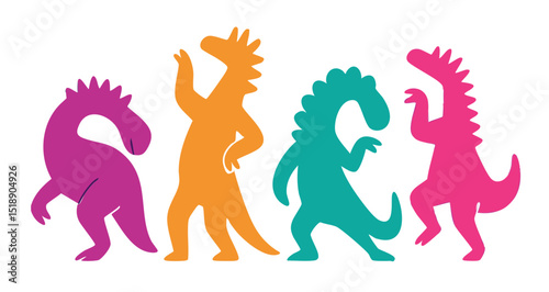 Dinosaur illustration, colorful minimalist style, mid-century modern, childlike shapes, whimsical character design, no outlines, solid colors, stylized proportions