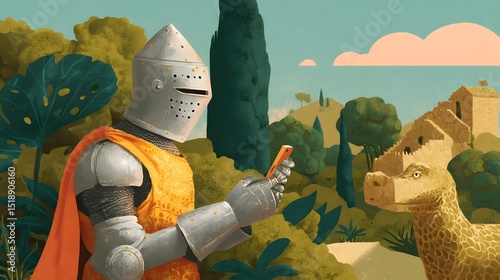 Medieval knight holding a modern smartphone