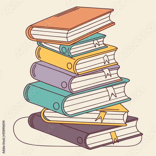 Books vector art illustration, stack, A neat, colorful stack of hardcover books arranged in a slightly leaning pile