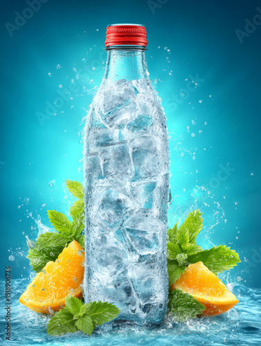 Refreshing Ice Cold Water Bottle Mockup With Mint and Citrus Fruit Elements