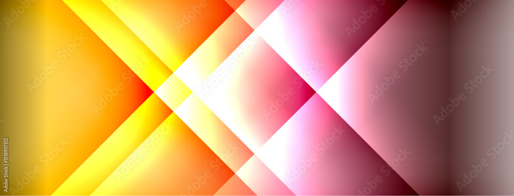 Fototapeta premium Abstract geometric composition. Warm colors blend, creating dynamic diagonal lines. Brightness varies across shapes, suggesting light effects.