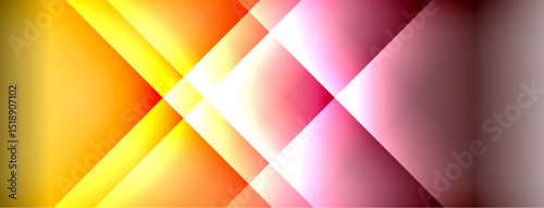 Abstract geometric composition. Warm colors blend, creating dynamic diagonal lines. Brightness varies across shapes, suggesting light effects.
