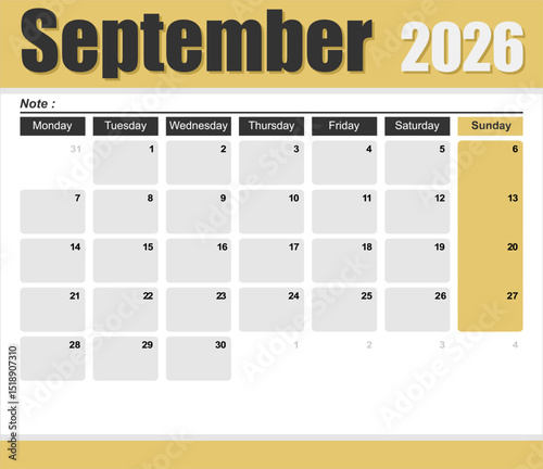 2026 monthly desk calendar template, The week start on monday, EPS file vector
