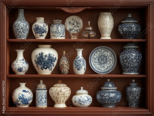 Elegant Traditional Chinese Blue and White Porcelain Display on Wooden Shelf