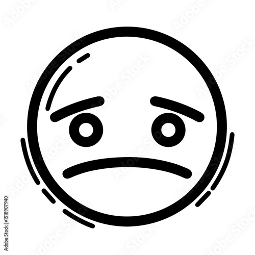 Outline style drawing of a circular emoji expressing sadness or disappointment, shown by downcast eyebrows and a subtle frown. Can be used to convey unhappiness, mild disappointment, slight worry