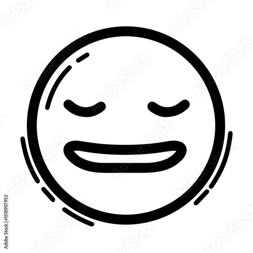 Outline style drawing of a circular emoji expressing satisfaction or contentment, with closed, upwardly curved eyes and a broad, open smile. Can be used to convey happiness, satisfaction, pleasure