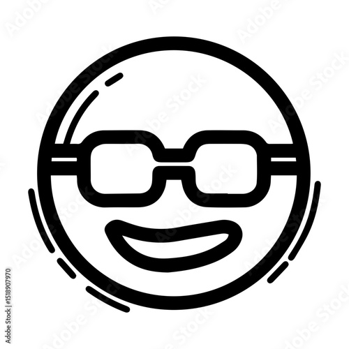Outline style drawing of a circular emoji wearing sunglasses and smiling, conveying a cool, confident, or "swag" attitude. Can be used to represent confidence, self-assuredness, or a relaxed demeanor