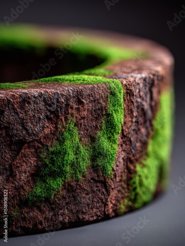 Round Wooden Podium Covered in Green Moss on Dark Background for Natural Aesthetic