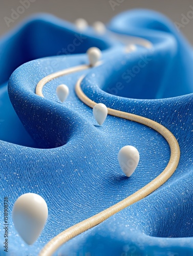 Abstract Representation of Flowing Path with White Droplets on Blue Textile Surface