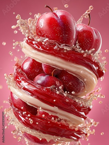 Tornado of Plum Fruit Slice with Splashing Juice on a Pink Background