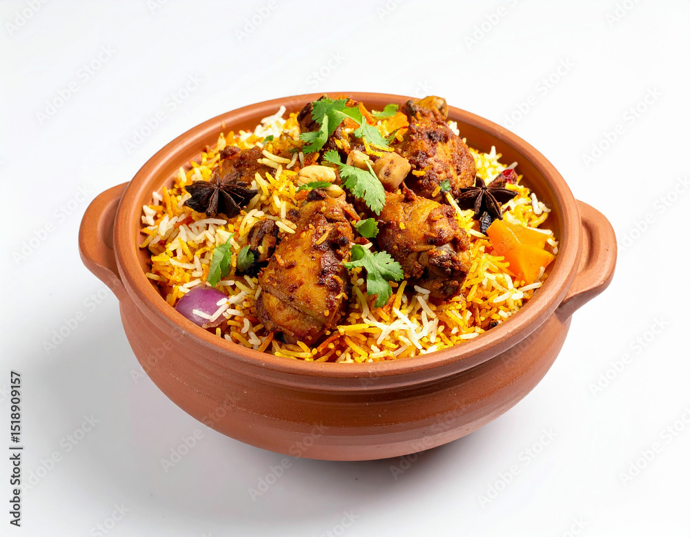 Chicken Biryani in Pot/Handi traditional biryani with white isolated background Chicken Biryani in Pot/Handi traditional biryani with white isolated background