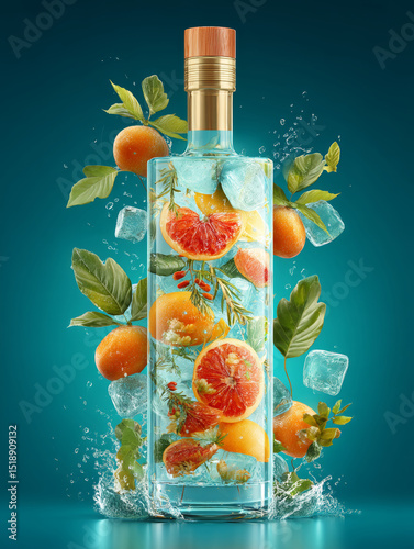 Refreshing Mockup of White Bottle with Citrus Ingredients and Ice Cubes Splashing