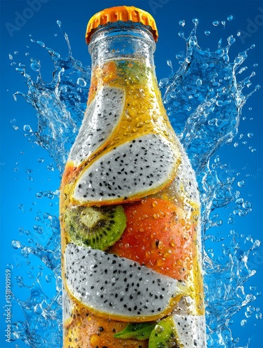 Fresh White Bottle Mockup with Ice Cubes and Fruity Splash on Vibrant Background