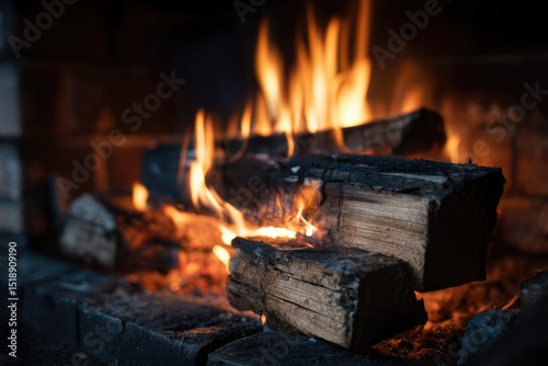 A close-up shot of burning logs in a brick fireplace, showcasing vibrant flames and the textural detail of the wood
