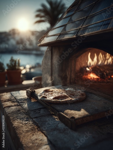 Warm Bread Baking in an Outdoor Oven Under a Bright Sun with Green Surroundings