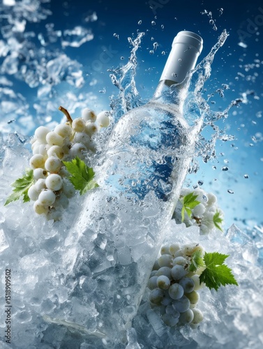 Refreshing White Wine Bottle Surrounded by Ice and Grapes in a Mockup Scene