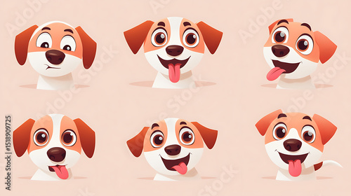 Funny and cute dog emotion icons with droopy ears, wide eyes, and wagging tongues in vector style 