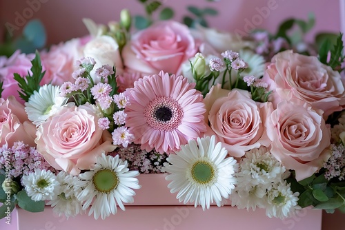 Elegant bouquet of pink roses, gerbera daisies, and white flowers