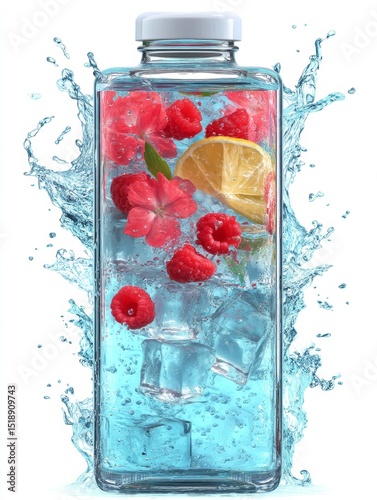 Refreshing Water Bottle Mockup with Lemon and Raspberries Surrounded by Ice Cubes