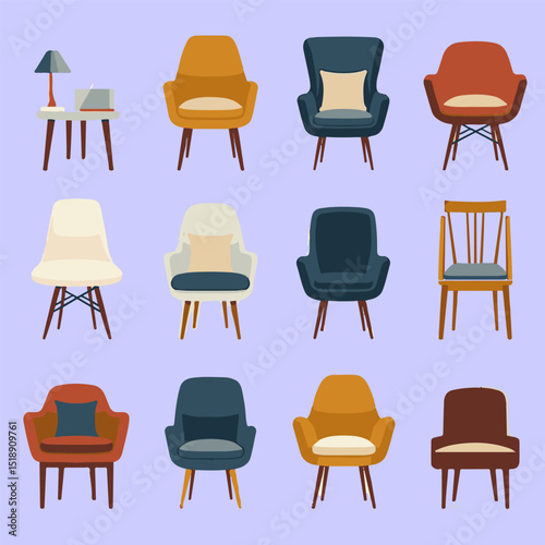Collection icon vector of modern chairs, cozy armchairs, wooden seats, and decor in flat style