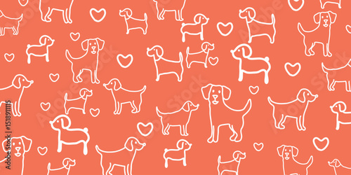 Adorable hand drawn dogs and small hearts in a seamless pattern, presented as clean white outlines on a warm, coral-orange background. This playful design is ideal for fabric, textiles, pet products