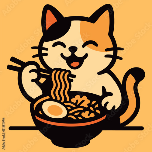 happy cat diving into bowl of ramen vector
