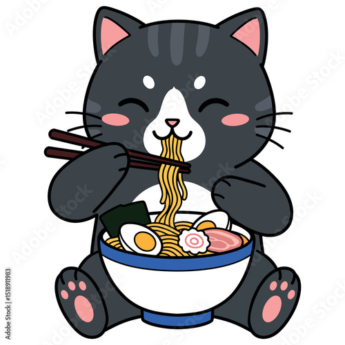 happy cat enjoying every bite of ramen
