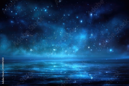 A serene nightscape depicting a tranquil body of water reflecting a starlit sky, the water appearing calm and dark, mirroring the celestial display above photo