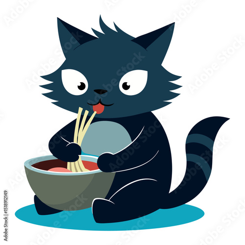adorable cat devouring noodles