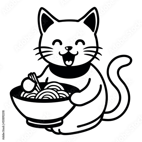 cute cat devouring bowl of ramen