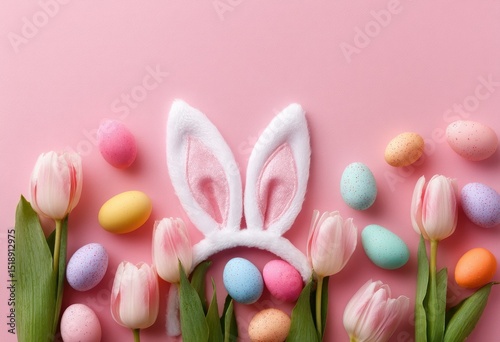 Pastel pink tulips and Easter eggs surround fluffy white bunny ears on a pink background; a festive spring arrangement
