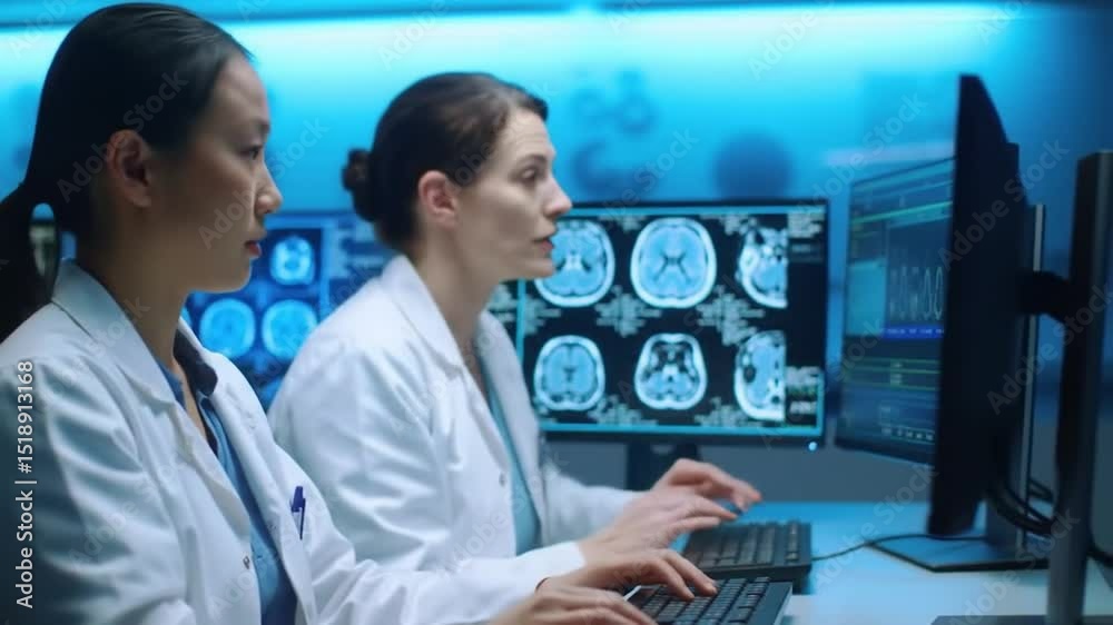 custom made wallpaper toronto digitalTwo Doctors in White Coats Analyzing Brain Scans on Computers in a Blue Lit Laboratory Setting for Medical Research