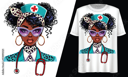 Nurse with Stethoscope, Leopard Headband, T-Shirt Design.