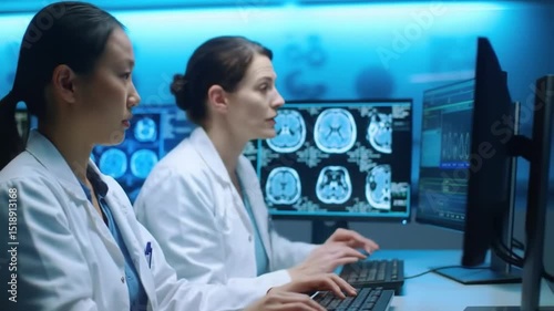 Wallpaper Mural Two Doctors in White Coats Analyzing Brain Scans on Computers in a Blue Lit Laboratory Setting for Medical Research Torontodigital.ca