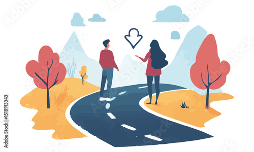 Couple facing a choice on a road illustration

