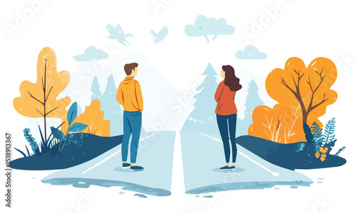 Couple facing a choice on a road illustration
