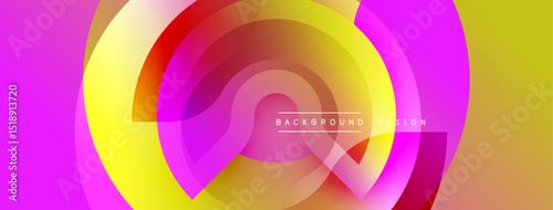 Abstract vibrant layers create dynamic circular design. Pink, yellow, red hues blend smoothly. Modern background element.