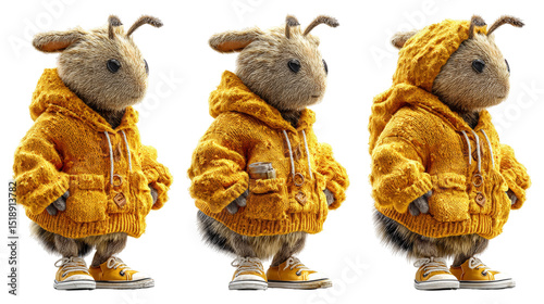 Cute anthropomorphic creature wearing a cozy yellow hoodie with playful expression