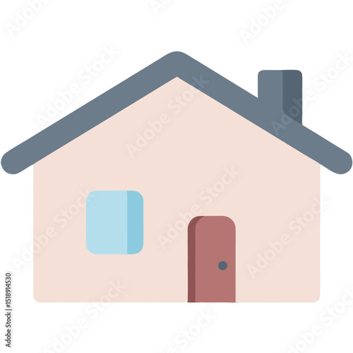 Simple House Icon with Gray Roof, Chimney, Blue Window, and Brown Door